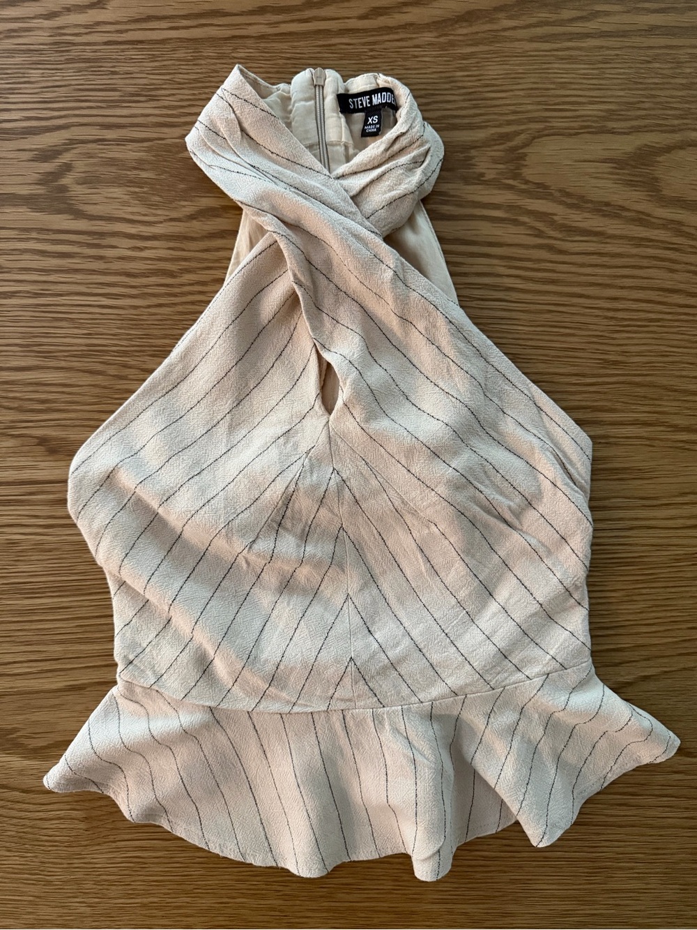 Steve Madden Cream Halter Peplum Tank Top with Thin Black Stripes rayon/linen